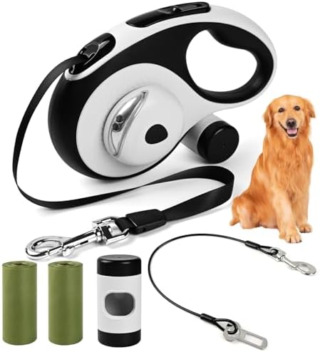 26ft Retractable Dog Leash for Large Dogs Up to 110lbs, LED Light, White