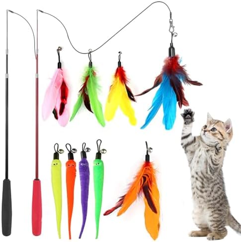 Qpets® Cat Toys Set of 11 Cat Teaser Wand Toy with 2 Retractable Teaser Wand, 5 Feather Teaser Toy, 4 Worm Teaser Cat Toy Interactive Cat Toy Wand Kitten Toys for Indoor Cats to Play Chase Exercise