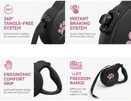 Chew Proof Retractable Dog Leash for Medium Dogs up to 44lbs, 16ft Heavy Duty Dog Lead with Anti-Chewing Steel Wire Rope, Tangle-Free, One-Hand Brake & Lock, Black M