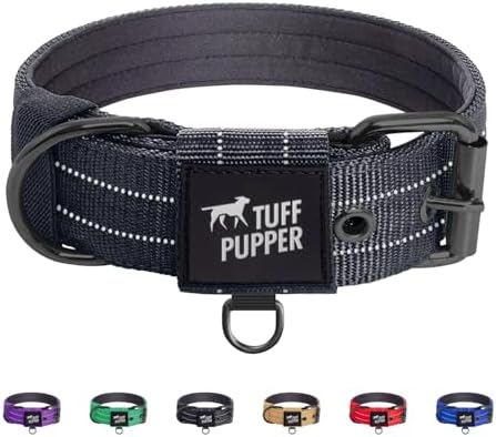 Tuff Pupper Heavy Duty Tactical Dog Collar | 1.5" Wide Ballistic Nylon | Reflective Stitching | Integrated ID Tag Holder | Stainless Steel Buckle | Padded Lining | Medium & Large Dogs (Black, Large)