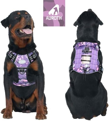 Auroth Tactical Dog Harness for Small Medium Large Dogs No Pull Adjustable Pet Harness Reflective K9 Working Training Easy Control Pet Vest Military Service Dog Harnesses (L, Purple Camo) | Easy Control with handle, Adjustable, Reflective, Military K9,...
