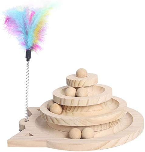 Wooden Cat Toy, 3-Layer Cat Turntable with Cat Toy Feather Stick (10IN)