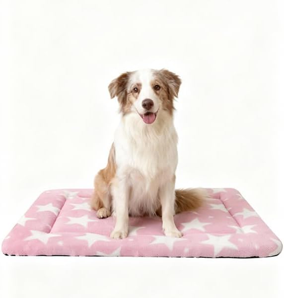 Dog Bed Mat, Reversible Crate Pad & Durable Dog Bed - Machine Washable Kennel Mat with Ultra Soft for Large Dogs (Big&Small Stars Pink, 35" L*23" W*1.5" Th)
