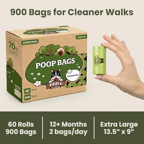 Pogi’s Dog Poop Bags – Leak-Proof & Extra Thick Pet Waste Bags (Unscented, 60 Rolls, 900-Count)