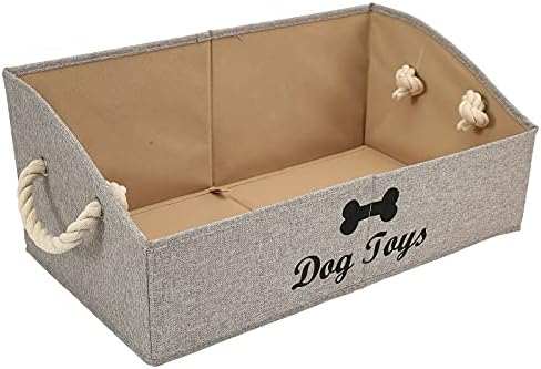Geyecete Large Dog Toys Storage Bins - Foldable linen Trapezoid Organizer Boxes with weave Rope Handle, Collapsible Basket for Shelves (Light Brown-DOG)
