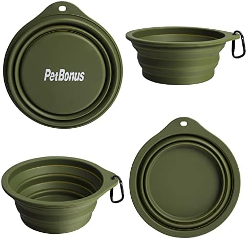 PetBonus 2-Pack Silicone Collapsible Dog Bowls, BPA Free Dishwasher Safe, Portable Foldable Expandable Travel Bowl, Food Water Feeding Cup Dish for Dogs Cats with 2 Carabiners (Army Green, Navy Blue)