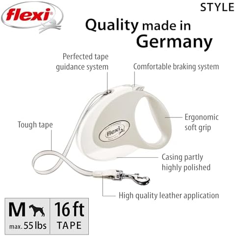 FLEXI® Style Tape Retractable Dog Leash, Medium, 16 ft - White/Grey