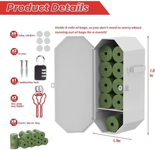Dog Poop Bag Dispenser Wall Mount with 2Pcs Holders and 8 Rolls of Waste Bag, Metal, Corrosion-resistant, Combination Lock, Dark Gray, Suitable for Outdoor, Indoor, Raising Dogs