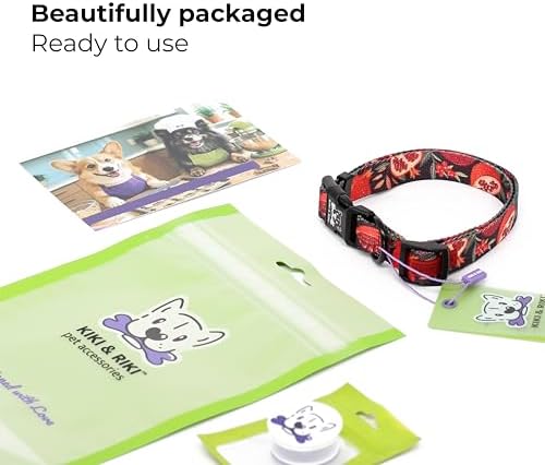 KIKI & RIKI Soft Nylon Dog Collar for Medium Dogs, Adjustable, Quick-Release Buckle, Size M (Neck 13.0-20.9"), Black & Red Artist-Designed Print