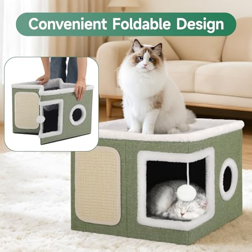 Shikha Cat House Bed for Indoor Cats with Fluffy Ball and Scratch Pad Green