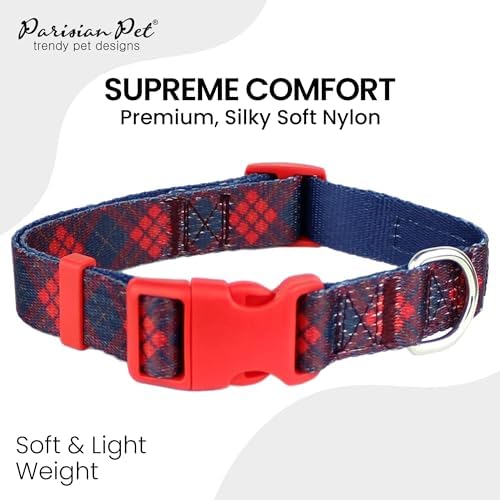 Parisian Pet Plaid Dog Collar - Adjustable Scottish Red Pet Collar with Secure Buckle and Metal D-Ring - Comfortable Designer Puppy Collars - Durable Nylon Checkered Dog Collars for Medium Dogs