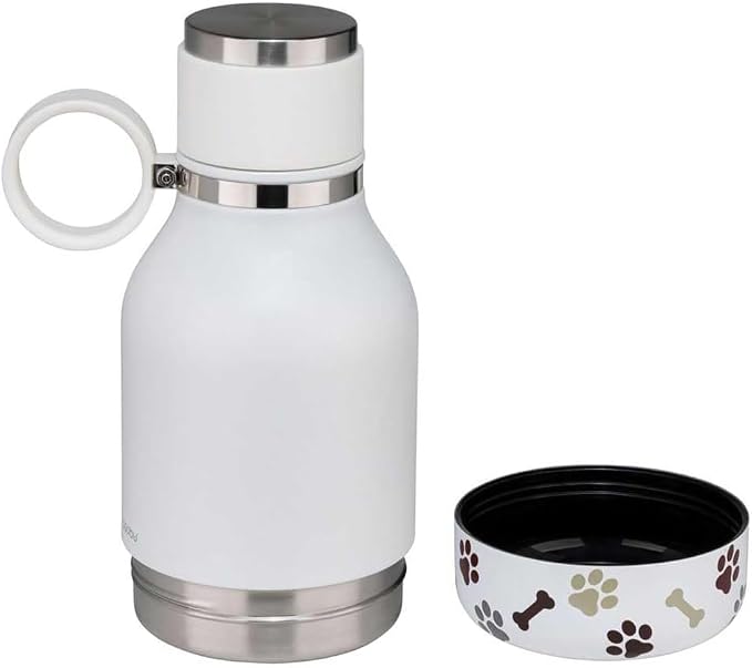 asobu Buddy Bottle, a Stainless Steel Insulated Water Bottle with Removable Dog Water Bowl and Dog Food and Treat Storage plate (White, 37 oz Water Bottle with 2 Bowls)