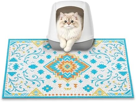 Cat Litter Mat, 24" x 16" Litter Box mat, Traps 100% Litter, Non-Slip Kitty Litter Trapping mats, Small Cute Litter mat, Easy Clean for Scatter Control, Bohe cat Food mat, Urine Waterproof