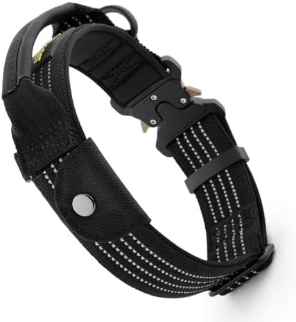 Plutus Pet Tactical Dog Collar with Pocket for AirTag, Black, S