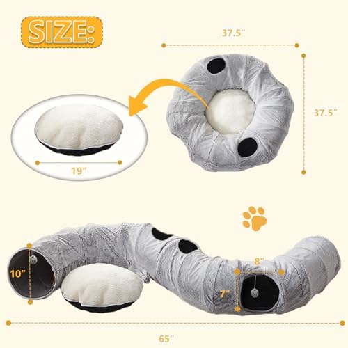 WINDRACING Cat Tunnel Bed for Indoor Cats - Cute Cat Donut Tunnel with Washable Circle Cushion, Round Pet Play Toy for Kitten/Puppy/Rabbit, Grey