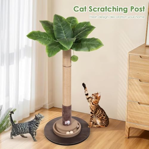 40" Cat Scratching Post, Natural Sisal Rope Cat Scratcher Tree, Cat Scratcher Post with Hanging Ball, Heavy-Duty Wood Base with Mouse Hole & Ball Track for Kitten & Adult Cats