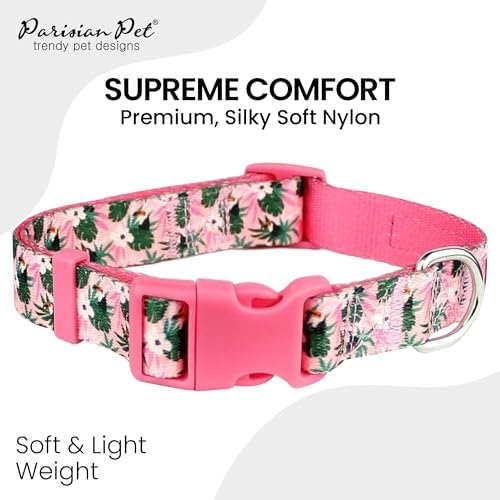 Parisian Pet Floral Pink Dog Collar - Adjustable Tropical Toucans Pet Collar with Secure Buckle and Metal D-Ring - Comfortable Designer Girl Puppy Collars - Durable Nylon Dog Collars for Medium Dogs