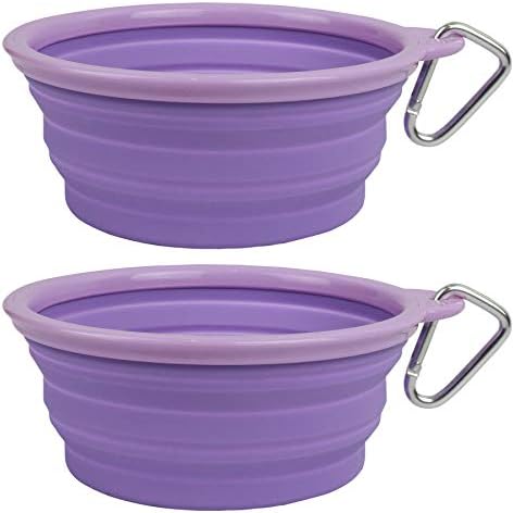 Collapsible Silicone Water Travel Bowl with Clip for Dog and Cat, Portable and Durable Pop-up Feeder for Convenient On-The-go Feeding – Size: Large (5 Cups) Purple – 2 Pack