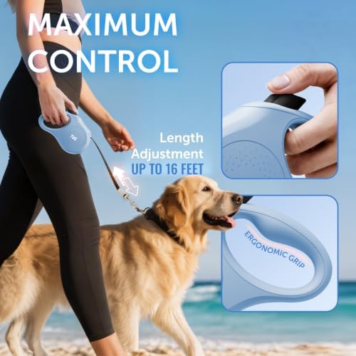 TUG Quest Retractable Dog Leash | 360° Tangle-Free | 16 ft Tape (S, Blue)