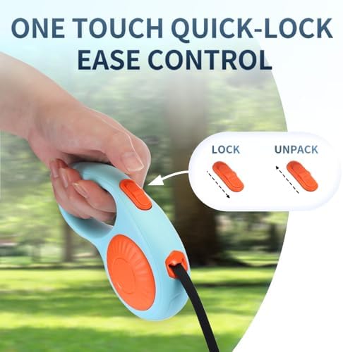 Retractable Dog Leash for Small Medium Dogs with Anti-Slip Soft Grip, 360° Tangle Free, 10 ft Strong Nylon Tape, One-Handed Brake, Pause, Lock (Orange)