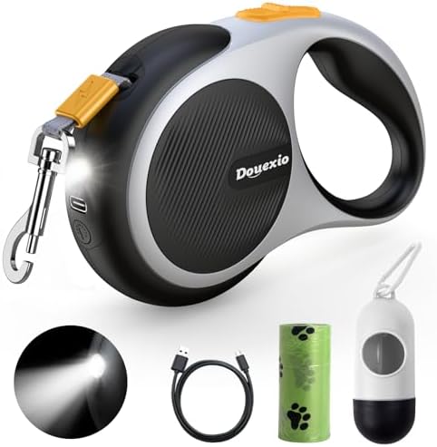 Retractable Dog Leash with LED Flashlight, Douexio Upgrade 3 in 1 Dog Leash Retractable for Small Medium Dogs Up to 66 lbs, 16ft, Anti-Slip Handle (Black-White)