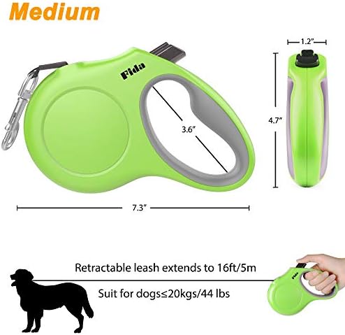 Fida Retractable Dog Leash with Dispenser and Poop Bags, 16 ft, Green