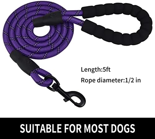 5FT Reflective Dog Leash with Padded Handle for All Dog Sizes.Purple