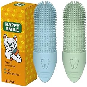 Happy Smile Dog Toothbrush 360° – Soft Silicone Finger Toothbrush for Dogs & Cats, Gentle Teeth Cleaning, BPA-Free, 2-Pack (Blue & Green)