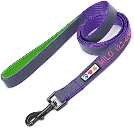 Pawtitas Personalized Purple Dog Leash 6 ft Custom ID Lead for Dogs & Puppies Reflective Comfortable Padded Handle Embroidered Name & Phone Number
