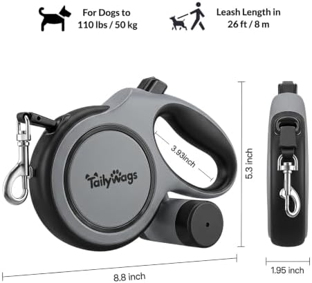 Retractable Dog Leash 26ft for Large Dogs up to 110lbs, Gray