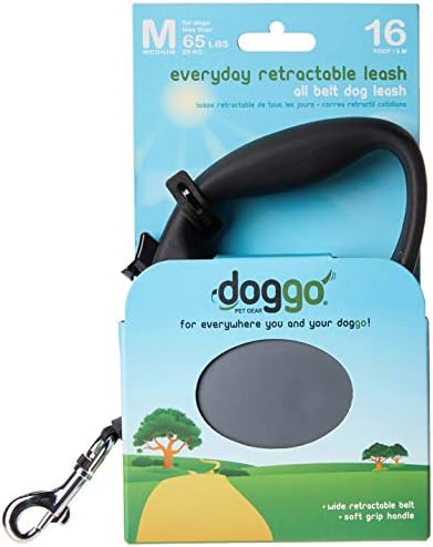 doggo Everyday Retractable Dog Leash, 16' Long Belt, Medium for Dogs Up to 65 lbs, Grey with Black Soft Grip Handle