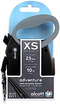 Alcott Adventure Retractable Reflective Belt Leash – 10 Feet – Extra Small for Dogs up to 25 lbs, Black with Grey Soft Grip Handle – Durable & Comfortable Dog Leash