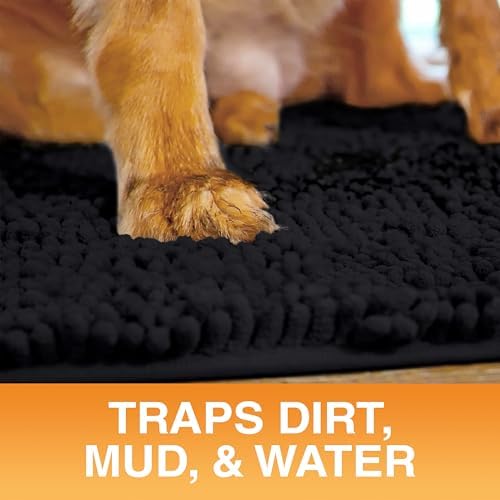 Neater Pets Muddy Paws Dog Door Mat 36” x 24” – Super Absorbent & Quick-Dry Chenille Doormat for Trapping Dirt, Water, Mud - Non-Slip & Machine Washable Pet Rugs for Entryway, Indoor Mud Mats, Black