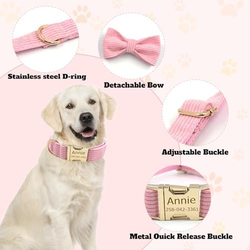 Custom Personalized Dog Collars with Pet Name/Phone Number Engraved Gold Metal Buckle - Adjustable Sizes Soft Stripe Velvet Collar for Small Medium Large Dogs - Dog Leash and Bow Tie Available