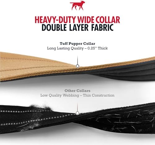 Tuff Pupper Heavy Duty Tactical Dog Collar | 1.5" Wide Ballistic Nylon | Reflective Stitching | Integrated ID Tag Holder | Stainless Steel Buckle | Padded Lining | Medium & Large Dogs (Tan, Large)