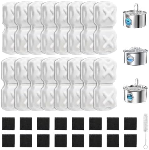 32-Piece Stainless Steel Cat Water Fountain Filter Replacement -16 Cat Fountain Filters+16 Sponges & 1 Brush, Compatible with 74oz/88oz/108oz Stainless Steel Pet Fountains