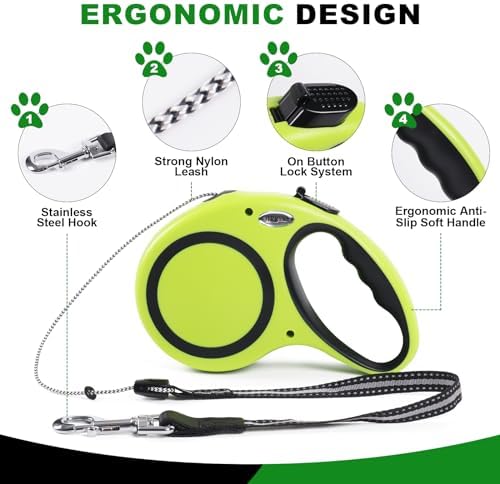 30FT Retractable Dog Leash 30 FT，360° Tangle-Free Dog Walking Leash forMedium and Large Dogs up to 77 lbs one-Hand Brake, one-Button Pause, Lock（Green）