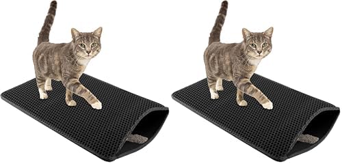 Cat Litter Mat - 24x15 Waterproof Litter Box Mat with Dual-Layer Honeycomb Design for Trapping Litter - Slip-Resistant Cat Mat by PETMAKER (Black) (Pack of 2)