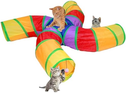 EGETOTA Cat Tunnel for Indoor Cats Large, with Play Ball S-Shape 4 Way Collapsible Interactive Peek Hole Pet Tube Toys, Puppy, Kitty, Kitten, Rabbit (S4 - Multicolor)