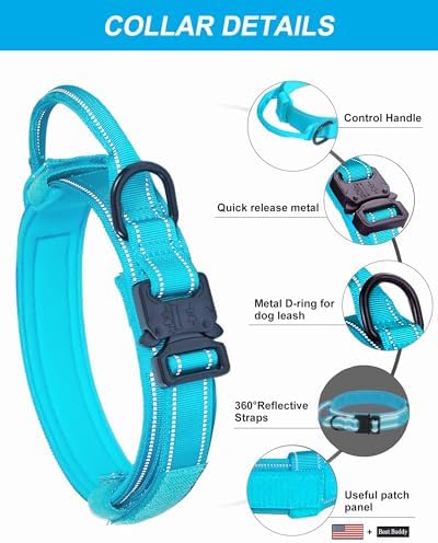 AUBELL Reflective Tactical Heavy Duty Dog Collar with Handle,Blue M