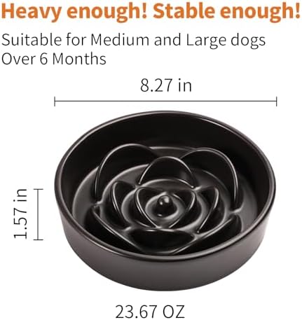 Black Ceramic Dog Bowl Slow Feeder for Medium and Large Breed,1.5 Cup 8.26 in Slow Feeding Bowl,Puzzle Dog Food Bowl for Fast Eater,Maze Dish for Fast Eater