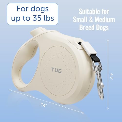 TUG Quest Retractable Dog Leash | 360° Tangle-Free | 16 ft Tape (S, Cream)