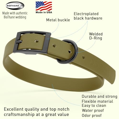 Dogline Biothane Waterproof Dog Collar Strong Coated Nylon Webbing with Black Hardware Odor- Proof for Easy Care Easy to Clean High Performance Fits Small Medium or Large Dogs, Olive Drab Green