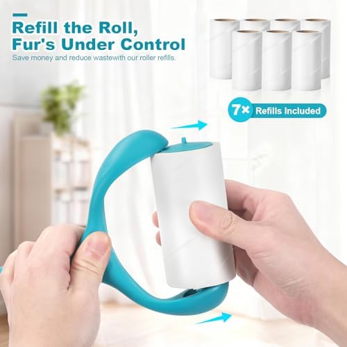 Super Sticky Pet Hair Remover Roll 350 Sheets Set with Upgraded Handle, 7 Rolls, Portable Hair Remover for Clothes, Furniture, Carpets, Dog and Cat Hair