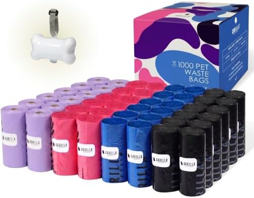 GORILLA SUPPLY 1000 multicolor poop bags for dogs with Dispenser and Leash Tie, 9" x 13", Mixed