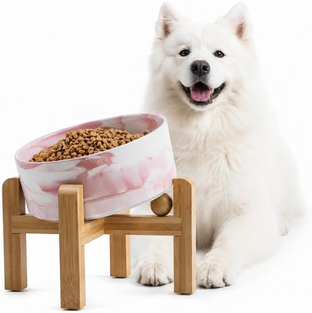 hjn Elevated Ceramic Dog Bowl 15°Slanted Raised Dog Bowl with Bamboo Stand for Small Medium Dogs and Cats, Pet Feeder -7.6-Cup (1800ml)-Marble Pink