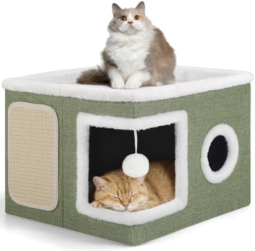 Shikha Cat House Bed for Indoor Cats with Fluffy Ball and Scratch Pad Green