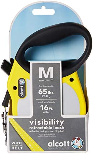 Alcott Visibility Retractable Reflective Belt Leash, 16' Long, Medium for Dogs Up to 65 lbs., Neon Yellow with Reflective Accents