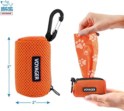 Best Pet Supplies Dog Poop Bag Holder Leash Attachment with Reusable Dispenser for Travel, Walking, Park, and Outdoor Use, Durable with Clip-On - Orange, Mesh Dispenser w/15 Bags