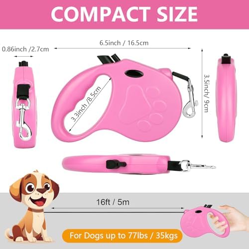 Retractable Dog Leash, 16ft Dog for Small Dogs up to 77lbs, Non-Slip Handle - Pink